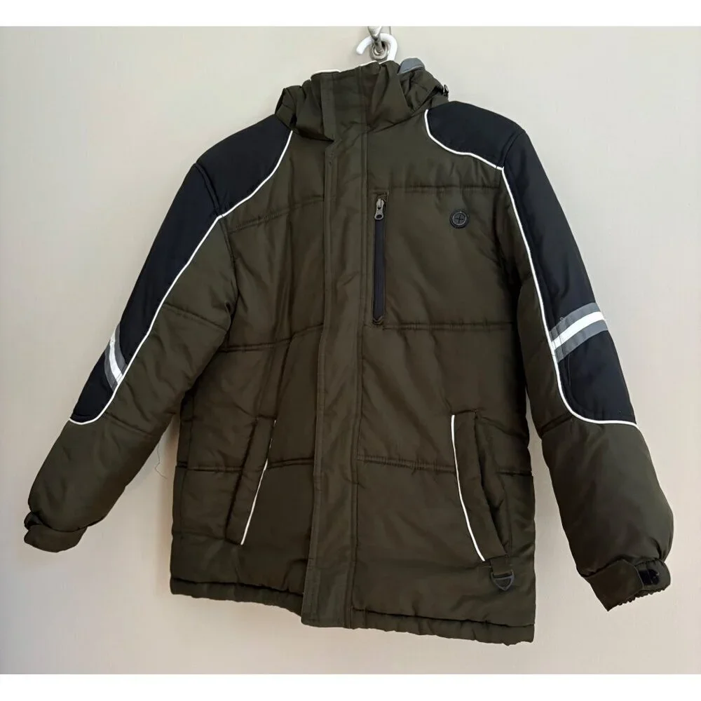 Protection System Boys Winter Jacket Size 14/16 Olive Green Black Hooded Puffer